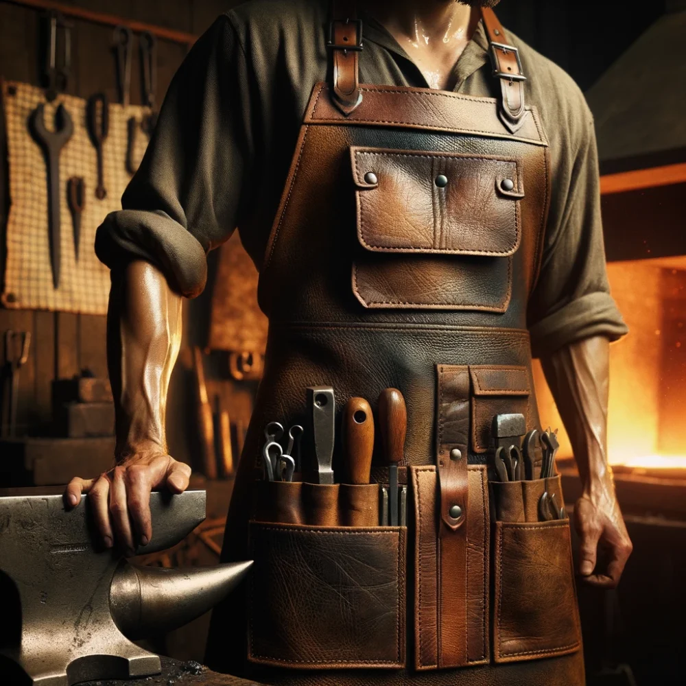 A photo-realistic image of a blacksmith wearing a high-quality leather apron. The apron is rugged and durable