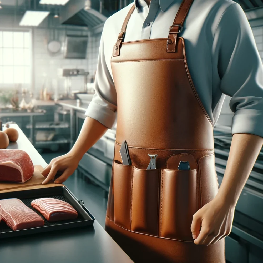 A photo-realistic image of a butcher wearing a high-quality leather apron with fewer pockets. The apron is durable and functional, featuring minimal p